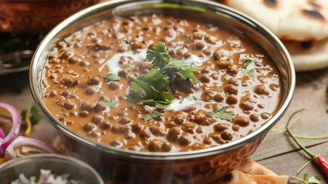 Dal makhani indian food moves with smoke around