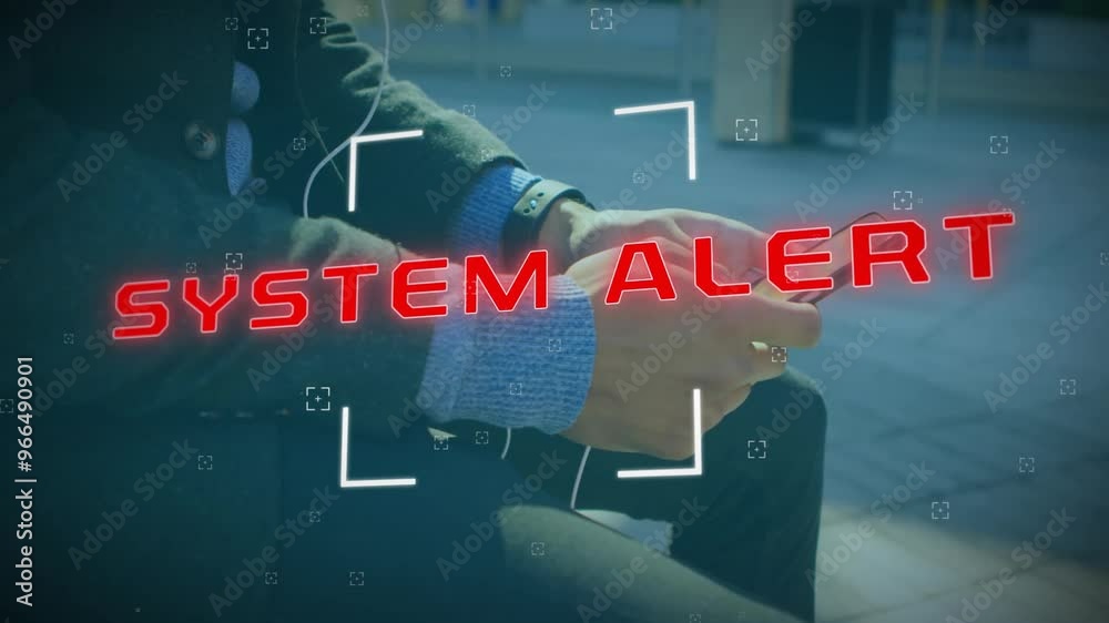 Poster animation of system hacked text and data processing over caucasian businessman using smartphone
