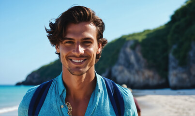 A man smiles at the camera on a beach in the afternoon