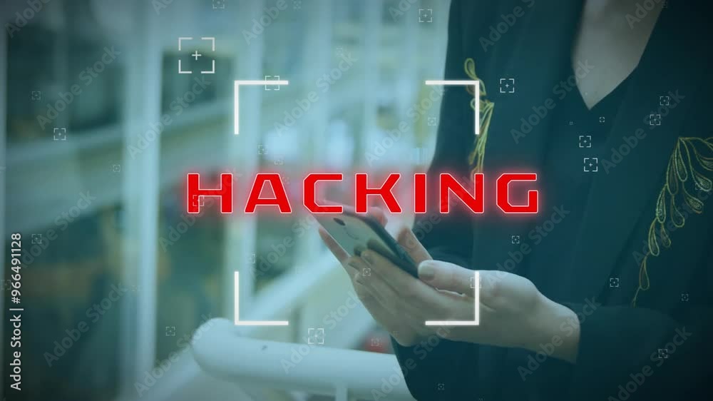 Poster animation of hacking text and data processing over caucasian businesswoman using smartphone