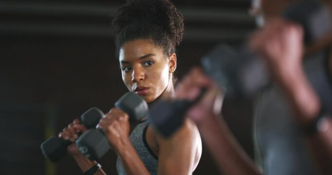 Mirror woman, dumbbells and arm workout, bodybuilder strength development and hard work for muscle growth. Reflection, gym and sweaty female body builder with exercise, bodybuilding or bicep weights