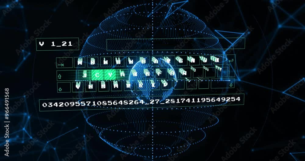 Poster animation of keyboard and data processing over globes