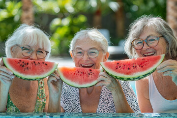 Group of senior friends eating watermelon on the poolside.