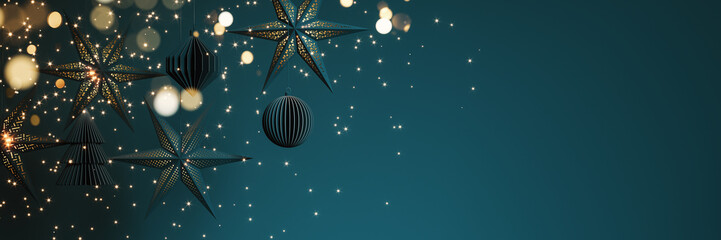 Glowing paper Christmas stars with decoration on dark green background with copy space. Christmas banner design. 3D Rendering, 3D Illustration