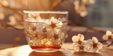 Glass cup with blossoming flowers and white geometric patterns