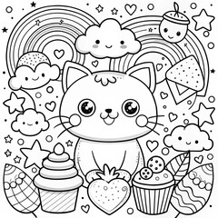 Hand drawn kawaii coloring book illustration
