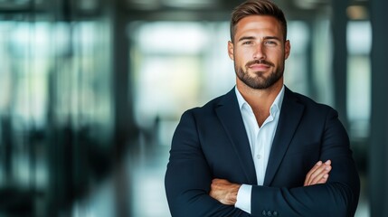 Business man in a corporate office with a focused expression, arms folded, professional suit, leadership role, business strategy, commercial use, office work, business professional, modern workspace