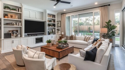 Fototapeta premium Modern Living Room with White Furnishings and Large Windows