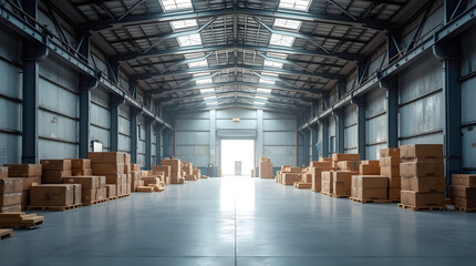 Warehouse interior with rows of shelves and pallets. Industrial background	