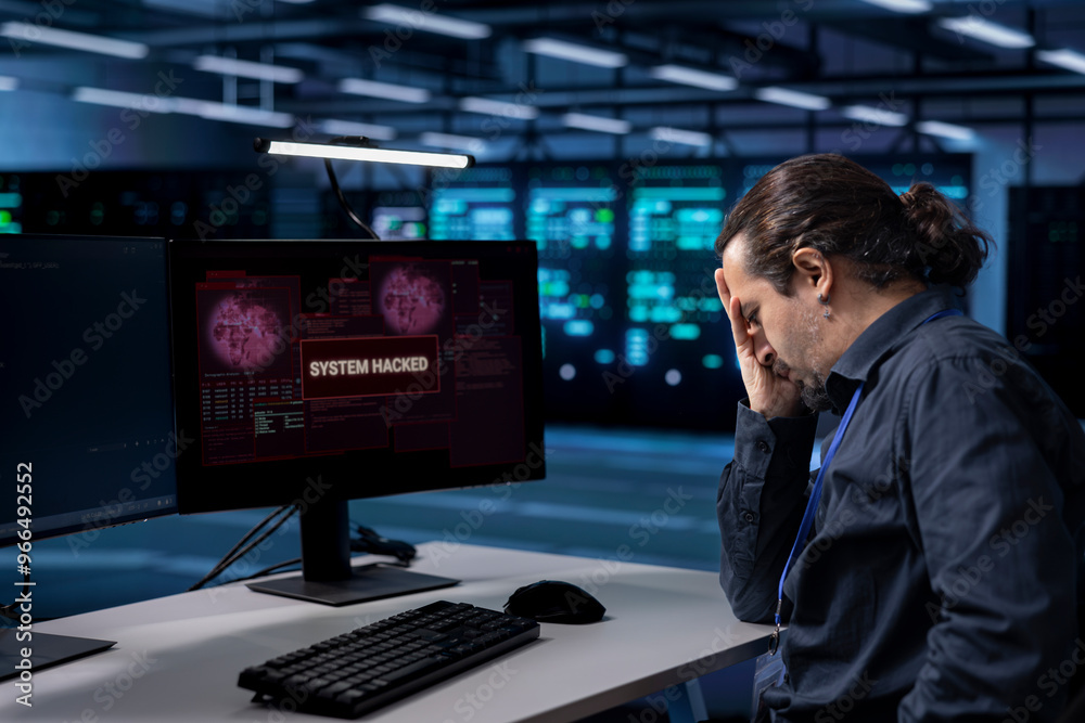 Poster technician in server hub doing face palm gesture, trying to protect hardware from hacker stealing in
