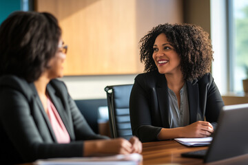 Two professional women smiling and interacting in a corporate boardroom, highlighting leadership diversity and gender equality in a modern, collaborative work environment