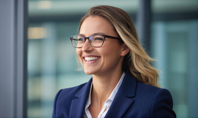 Fototapeta premium A businesswoman smiles confidently in an office setting