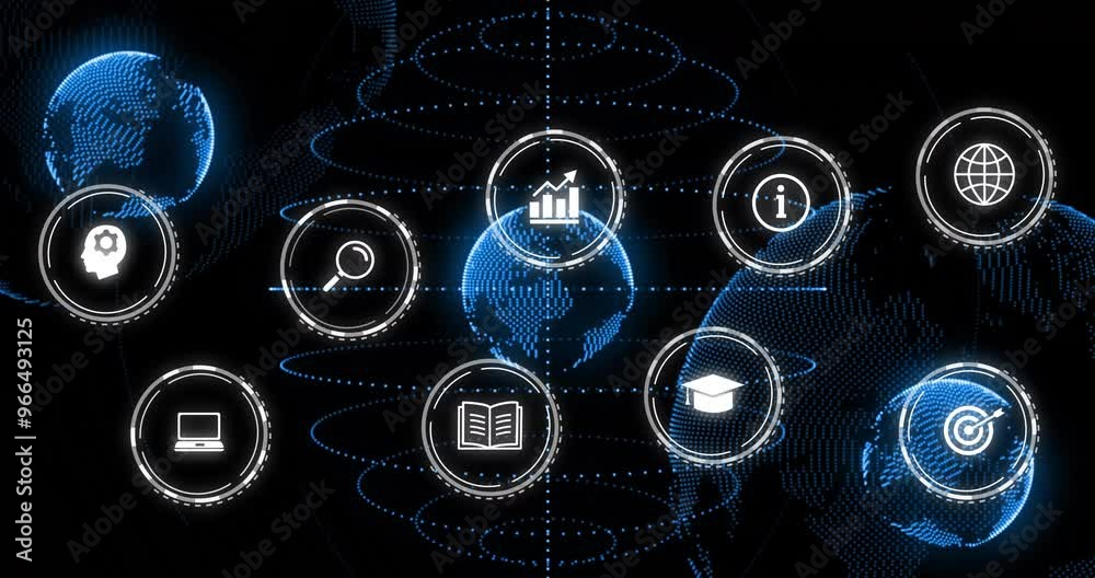Wall mural animation of digital icons and data processing over globes