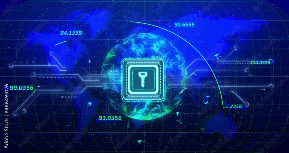 Poster animation of padlock icon and data processing over globe