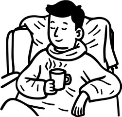 Black and white illustration icon of a man drinking tea