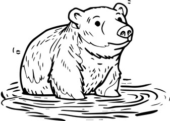 Black and white illustration image of a bear in the water