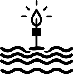 Black and white illustration image depicting a candle floating on water