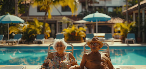 elderly couple enjoys a romantic vacation together. The couple, both radiating happiness and contentment, are seated side by side on lounge chairs by a swimming pool