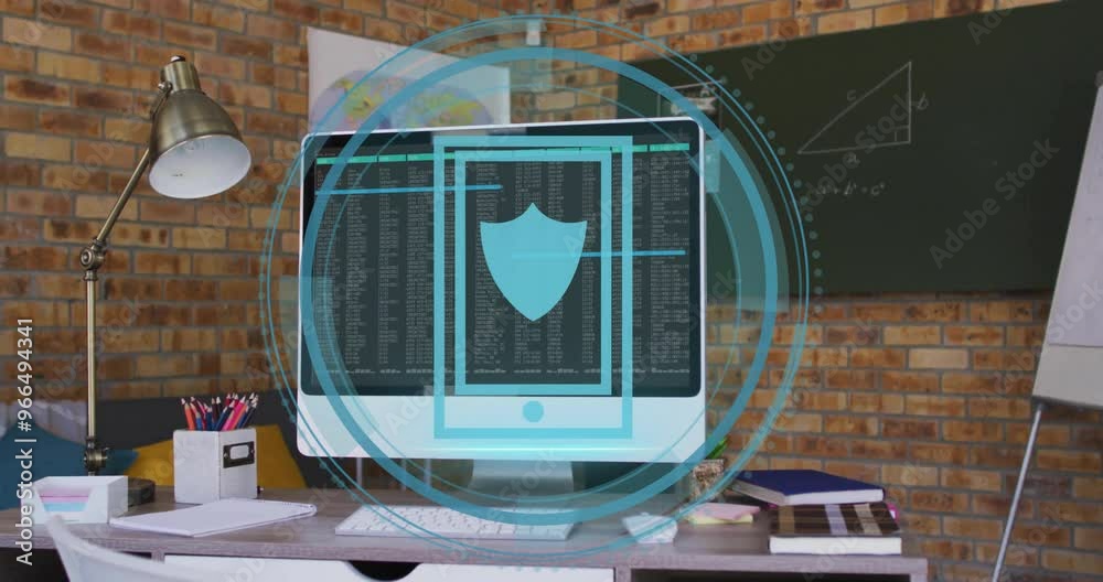 Poster animation of shield icon and digital data processing over computer on office desk