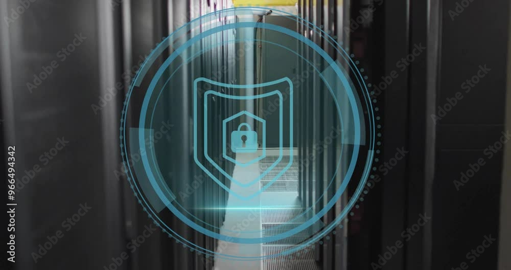 Poster animation of shield icon and digital data processing over computer servers
