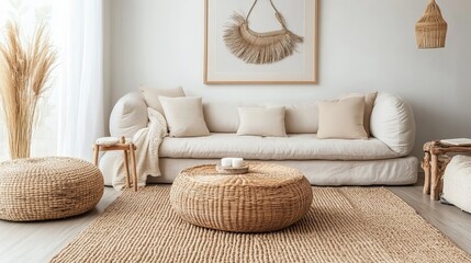 Bright and Airy Living Room Featuring Comfortable Sofas, a Stylish Rattan Table, and a Soft Carpet for a Cozy and Inviting Atmosphere
