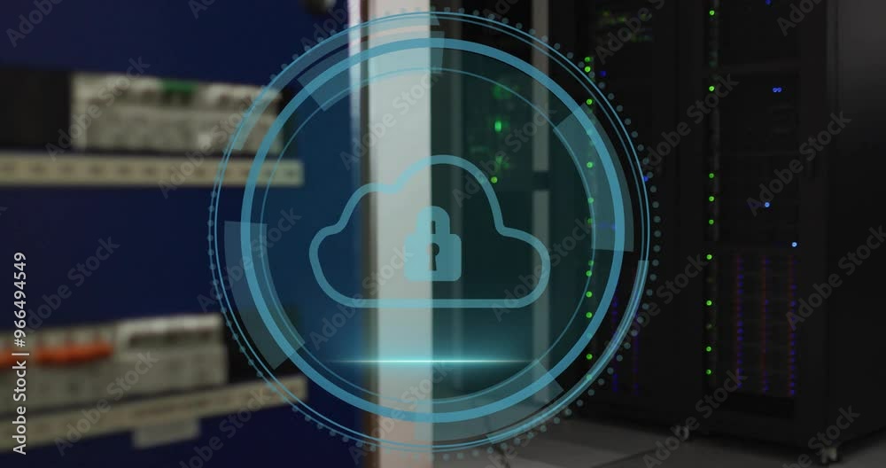 Poster animation of cloud icon and digital data processing over computer servers