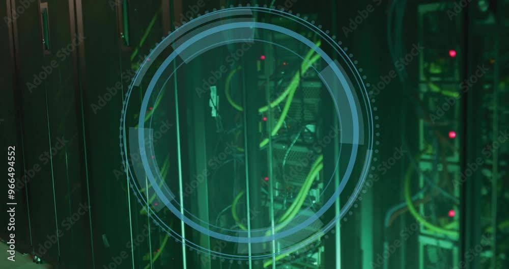 Poster animation of shield icon and digital data processing over computer servers
