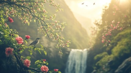Bird Perched on a Branch with a Waterfall in the Background