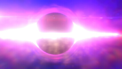 Abstract glowing object resembling a black hole surrounded by bright light in a deep blue space