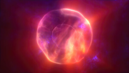 A glowing fiery abstract digital sphere with vibrant orange, red, and purple hues, floating against a dark ethereal background energy