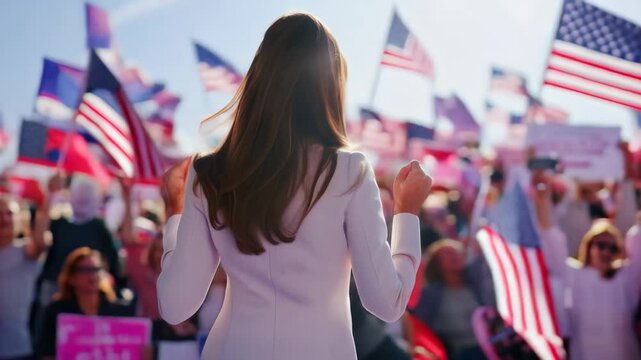 Back View of a Female Politician on Stage During a Presidential Election Rally, American Flags Waving in the Crowd Under a Bright Sky