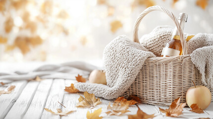 Wicker basket with a warm knitted blanket and a bottle of apple cider is sitting on a white wooden table with fall leaves scattered around, evoking a cozy autumn atmosphere