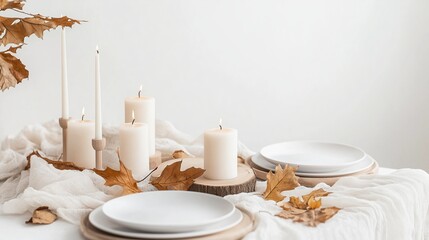 White minimalist autumn table setting with burning candles and oak leaves creating a cozy and inviting atmosphere for a festive gathering