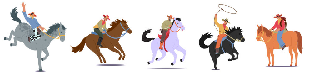 Group Of Cowboys And Cowgirls Ride Different Horses In Dynamic Action Poses. Some Are Holding Lassos