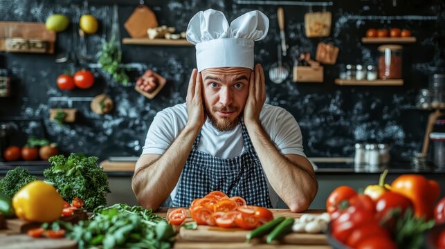 Frustrated chef surrounded by fresh vegetables in a busy kitchen