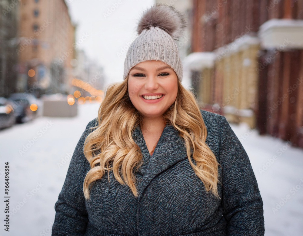 Wall mural Portrait of Beautiful Happy Woman Outdoors in City During Winter