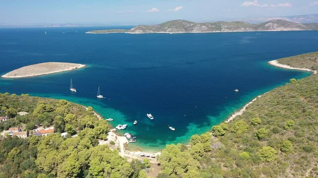 Aerial Drone View of Sv. Klement Bay and Nearby Islet Vlaka, Pakleni Otoci