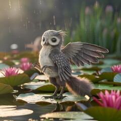 A fantastical creature with feathered wings, resembling a mix between an owl and a bird. It stands on a lily pad amidst a serene pond,surrounded by vibrant pink lilies. 