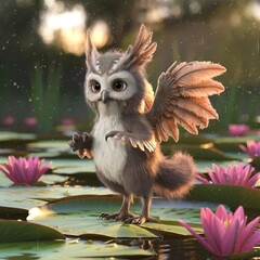 A fantastical creature with feathered wings, resembling a mix between an owl and a bird. It stands on a lily pad amidst a serene pond,surrounded by vibrant pink lilies. 