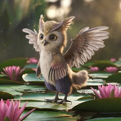 A fantastical creature with feathered wings, resembling a mix between an owl and a bird. It stands on a lily pad amidst a serene pond,surrounded by vibrant pink lilies. 