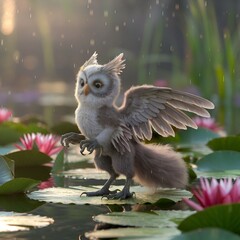 A fantastical creature with feathered wings, resembling a mix between an owl and a bird. It stands on a lily pad amidst a serene pond,surrounded by vibrant pink lilies. 