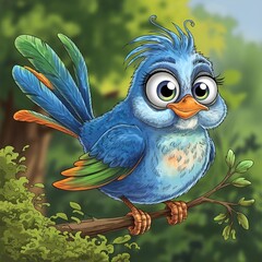 A whimsical illustration of a cartoon bird with large, expressive eyes, a slightly disheveled appearance, and a curious expression.