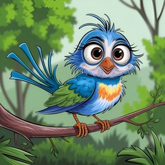 A whimsical illustration of a cartoon bird with large, expressive eyes, a slightly disheveled appearance, and a curious expression.