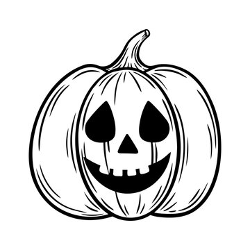 recommend clip art: Spooky Halloween pumpkin illustration in line art style. Laughing Jack o lantern graphic monochrome drawing. Hand drawn outline sketch, engraved illustration. For coloring book, invitation, decoration