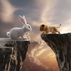 A 3D render of a fluffy white rabbit with big ears approaching a small, baby lion hanging on the edge of a rocky cliff. 