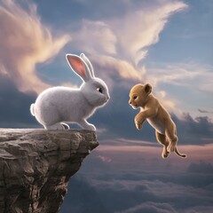 A 3D render of a fluffy white rabbit with big ears approaching a small, baby lion hanging on the edge of a rocky cliff. 