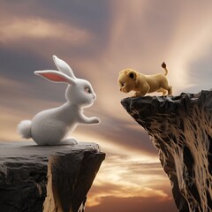 A 3D render of a fluffy white rabbit with big ears approaching a small, baby lion hanging on the edge of a rocky cliff. 