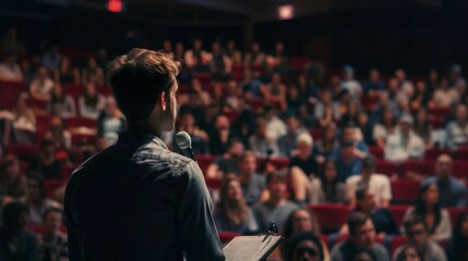 man giving a speech in a packed auditorium