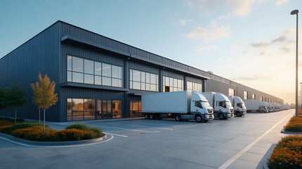 Obraz premium Modern industrial large warehouse with blue sky and clouds in the background. Industrial concept 