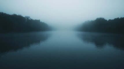 Fototapeta premium A serene, foggy river landscape reflecting calm waters and surrounding trees.